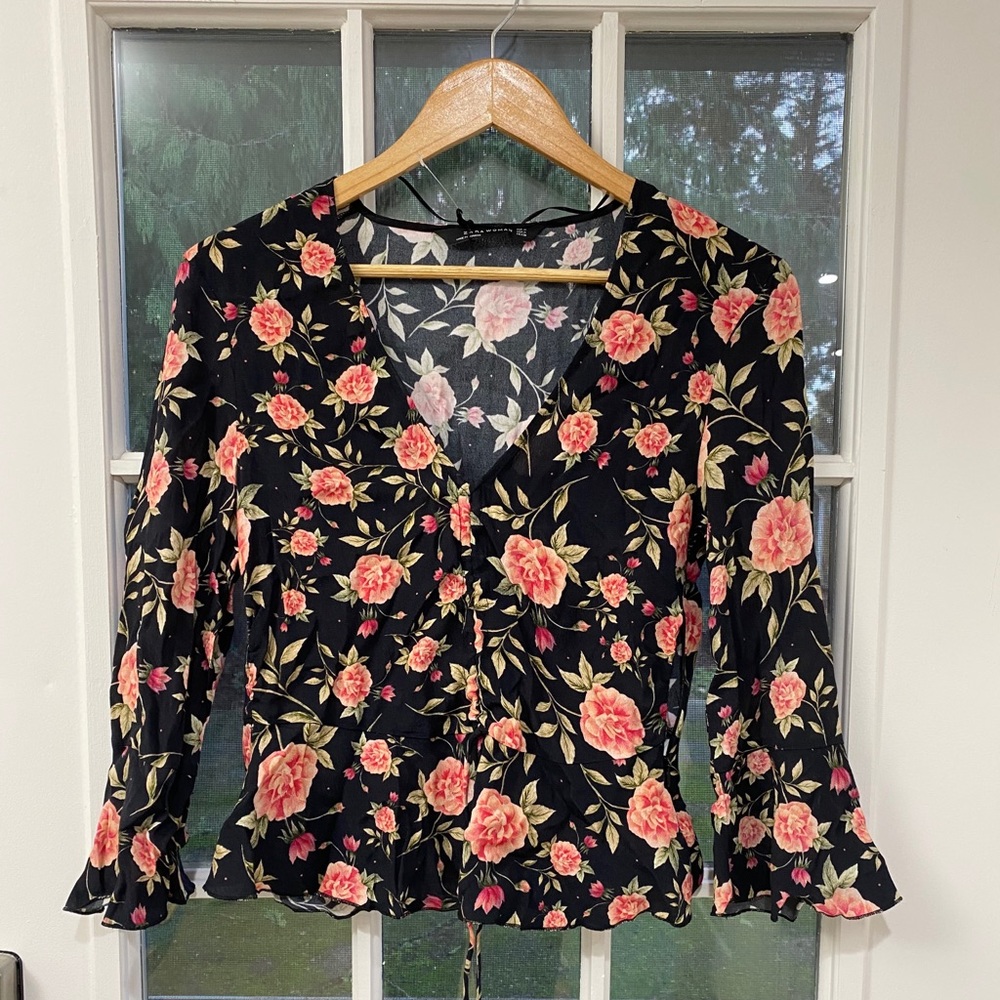 Zara Floral Blouse with cinch-tie front